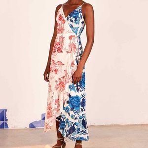 FARM Rio Blue and Red Floral Wrap Maxi Dress